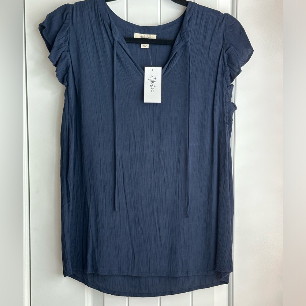 NWT XS Nvy Blue Style & Co Women's Textured Tie-Neck Flutter-Sleeve Top